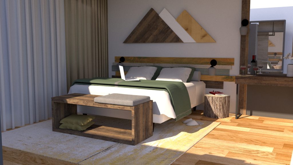 Modernes, minimalistisches Hotelzimmer, das zeigt, wie man Möbel für kleine Hotelzimmer auswählt, mit multifunktionalem Design, das sowohl Stil als auch Komfort bietet.