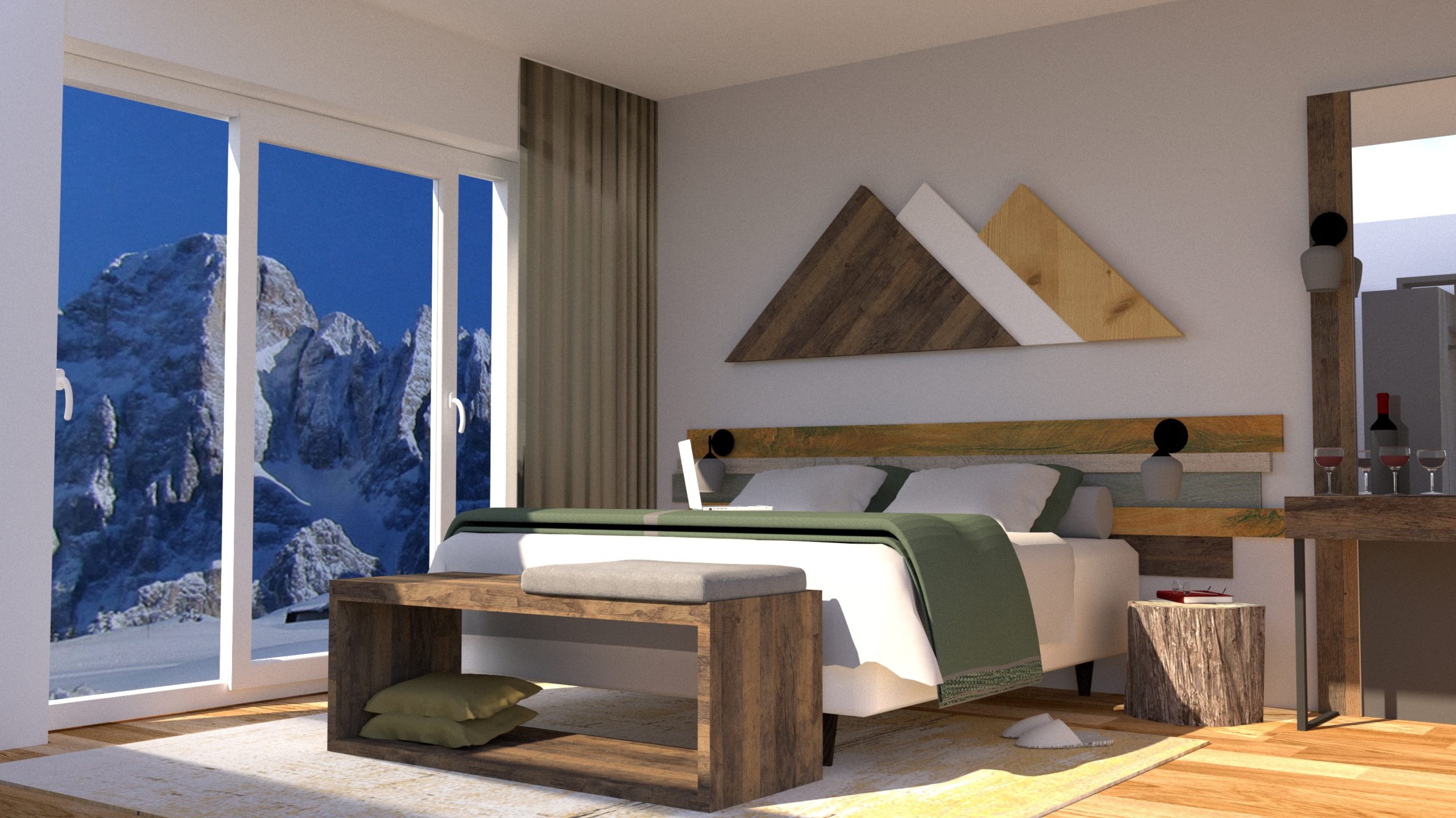Ein geräumiges und stilvolles Zimmerdesign, das individuelle Designlösungen für Hotelzimmer zeigt und eine perfekte Kombination aus Komfort und Naturverbundenheit bietet.