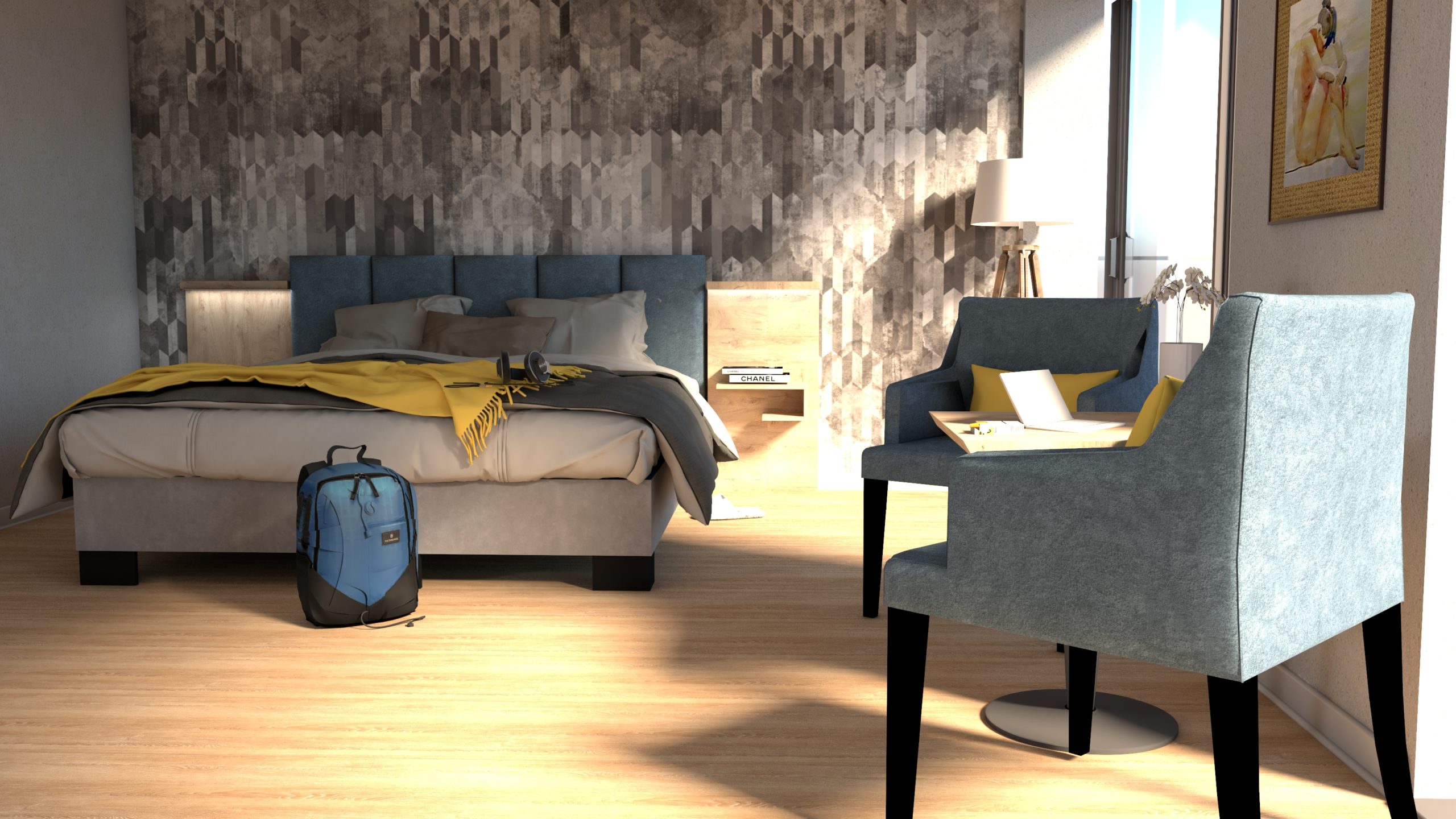 Einladendes Hotelzimmer mit einer Kompletteinrichtung für Hotels, inklusive eines bequemen Bettes mit blauer Kopflehne, stilvollen Sesseln und harmonischer Beleuchtung, entworfen, um eine gemütliche Atmosphäre zu schaffen.
