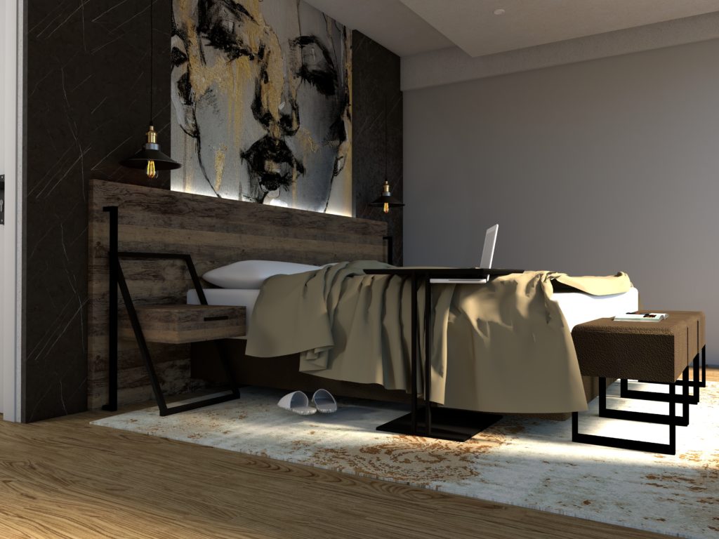 Elegantes Hotelzimmer, gestaltet von einem polnischen Hotelmöbel Hersteller, mit dunklem Holzbett und passendem Nachttisch, Vintage-Teppich und modernem Kunstwerk über dem Bett.