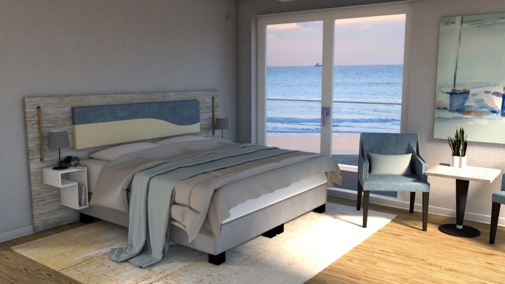 Ein luxuriöses Hotelzimmer mit einem großen Bett, zwei Sesseln und einem atemberaubenden Blick auf den Ozean, das die Kostenoptimierung bei der Einrichtung von Luxushotels widerspiegelt.