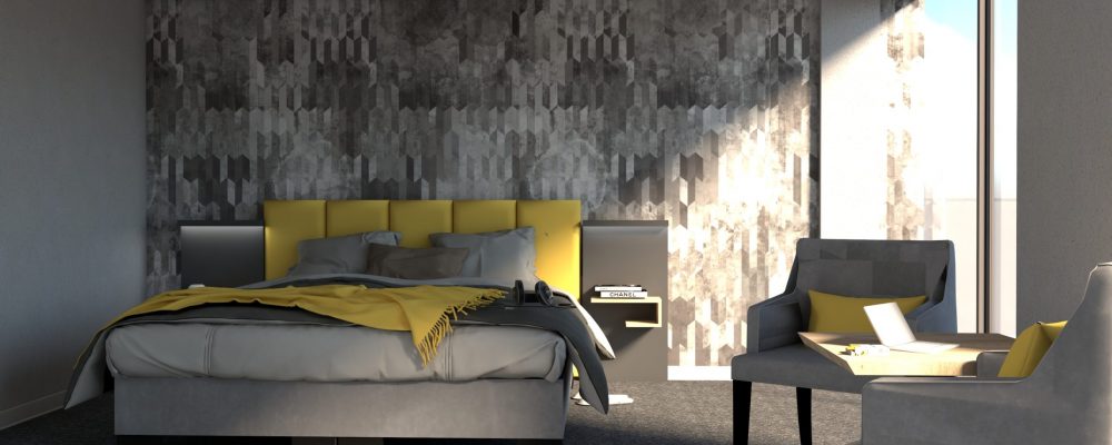 Ein modernes Schlafzimmer in einem Gasthaus mit effizienter Raumgestaltung, einem komfortablen Bett und gemütlichen Sitzgelegenheiten, das ein Beispiel für eine effiziente Raumgestaltung in modernen Pensionen darstellt
